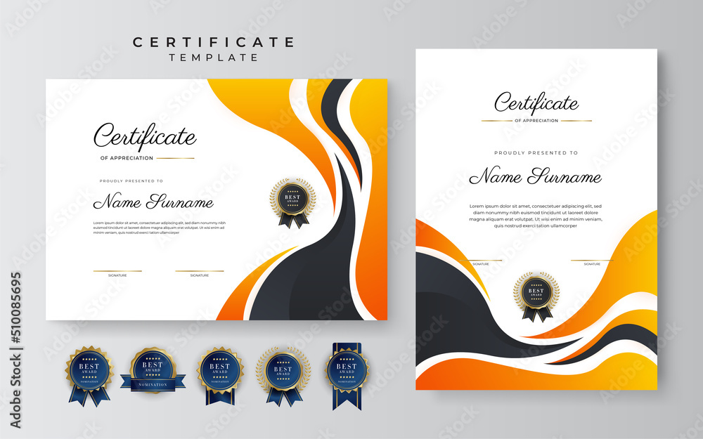 Black and orange certificate of achievement border template with luxury ...