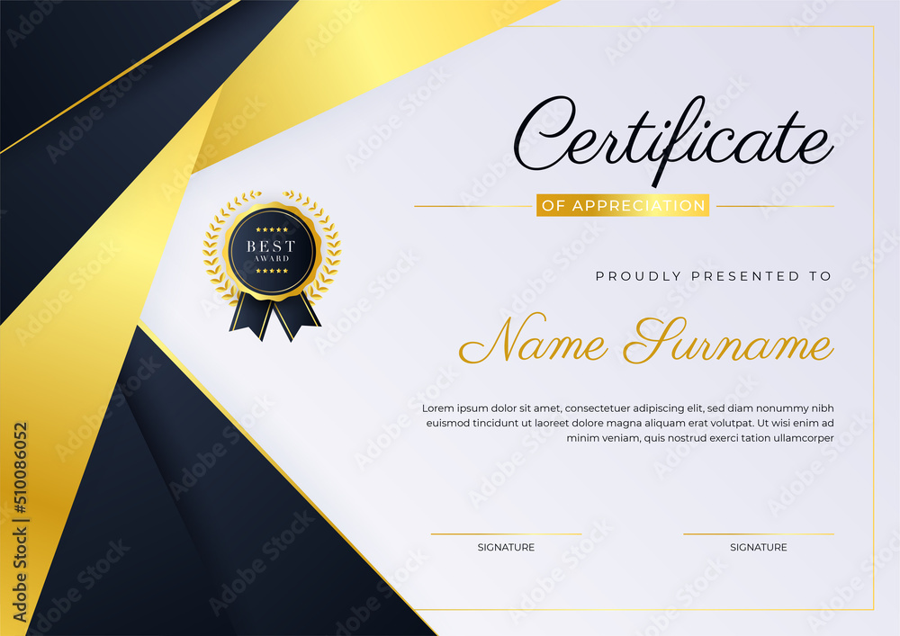 Black and gold certificate of achievement template with gold badge and ...