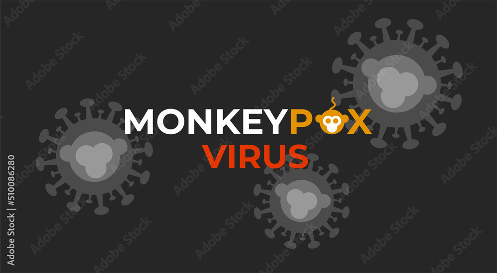 Monkeypox infection pandemic. Monkey Pox virus outbreak pandemic design with microscopic icon monkey virus. Vector black background.