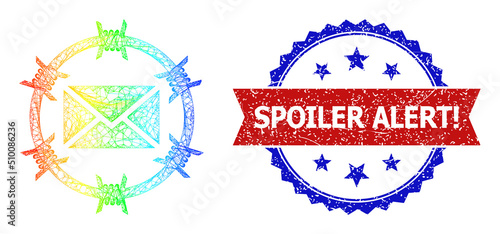 Mesh net mail arrest wireframe icon with spectral gradient, and bicolor grunge Spoiler Alert. seal stamp. Red stamp seal includes Spoiler Alert. text inside blue rosette.