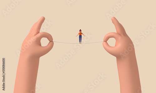 Person balancing on a tightrope held between two hands. 3D Rendering photo