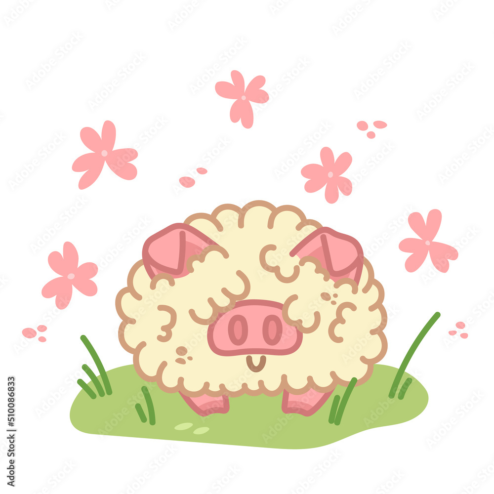 Fluffy pig. Kawaii character on green lawn. Fantasy animal with flowers. Vector illustration isolated on white background. Fluffy pig. Kawaii character on green lawn. Fantasy animal with flowers. Vector illustration isolated on white background.