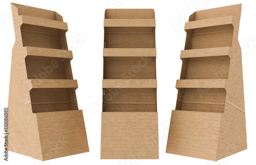 3D rendering - High resolution image pos floor display  box template isolated on white background, high quality details of cardboard