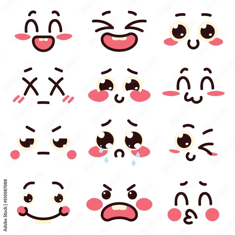 Kawaii faces. Different emotions. Vector set illustrations isolated on ...