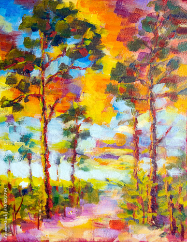 Sunny forest wood trees Original oil painting photo