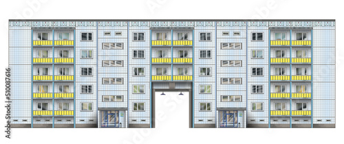 Long multi-storey building built of large, prefabricated concrete slabs. Building with an archway. Soviet Union style.