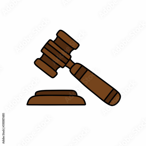 judges gavel and block doodle icon, vector color line illustration