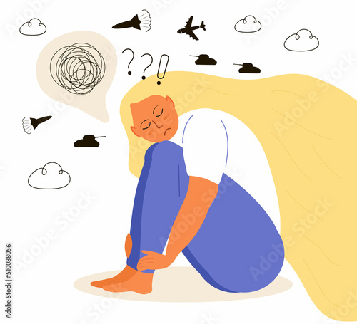 Fear of war, stress, psychological problems concept vector. Frustrated, depressed woman hugging her knee.