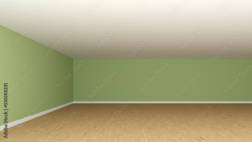 Empty Interior Corner with Light Green Walls, Frontal View. Interior Concept without Furniture, White Ceiling, Wooden Parquet Floor and a White Plinth. 3d rendering, 8K Ultra HD, 7680x4320, 300 dpi Empty Interior Corner with Light Green Walls, Frontal View. Interior Concept without Furniture, White Ceiling, Wooden Parquet Floor and a White Plinth. 3d rendering, 8K Ultra HD, 7680x4320, 300 dpi