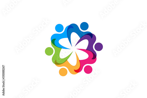 Logo teamwork helping people unity social media workers group of friends charity collaboration six people group colorful love heart icon vector image graphic illustration clipart design