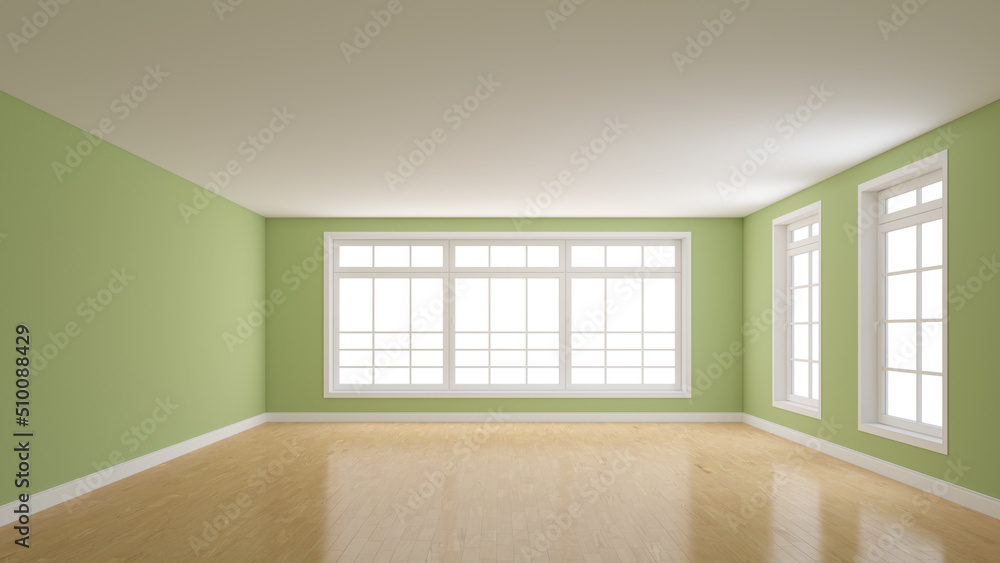 Fototapeta premium Beautiful Wide Room with Light Green Walls, Glossy Parquet Flooring, White Plinth, Three Large Full Wall Windows. 3D illustration with a Work Path on the Windows. 8K Ultra HD, 7680x4320