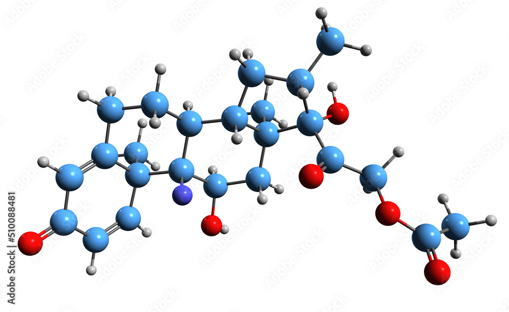 3D image of Dexamethasone acetate skeletal formula - molecular chemical structure of synthetic glucocorticoid isolated on white background 3D image of Dexamethasone acetate skeletal formula - molecular chemical structure of synthetic glucocorticoid isolated on white background