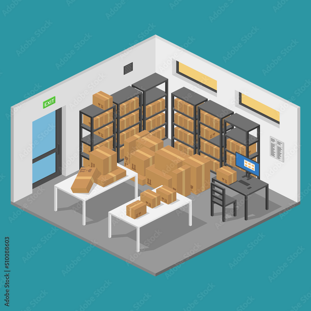 isometric storage room warehouse with parcels and shelves vector flat illustration