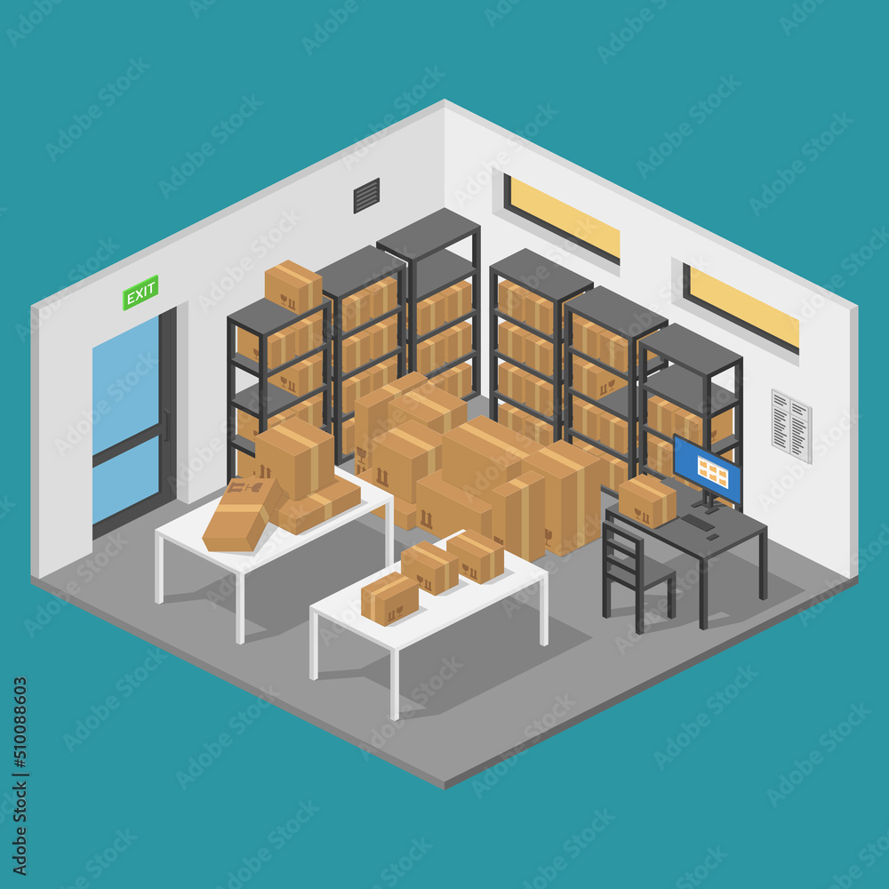isometric storage room warehouse with parcels and shelves vector flat illustration isometric storage room warehouse with parcels and shelves vector flat illustration