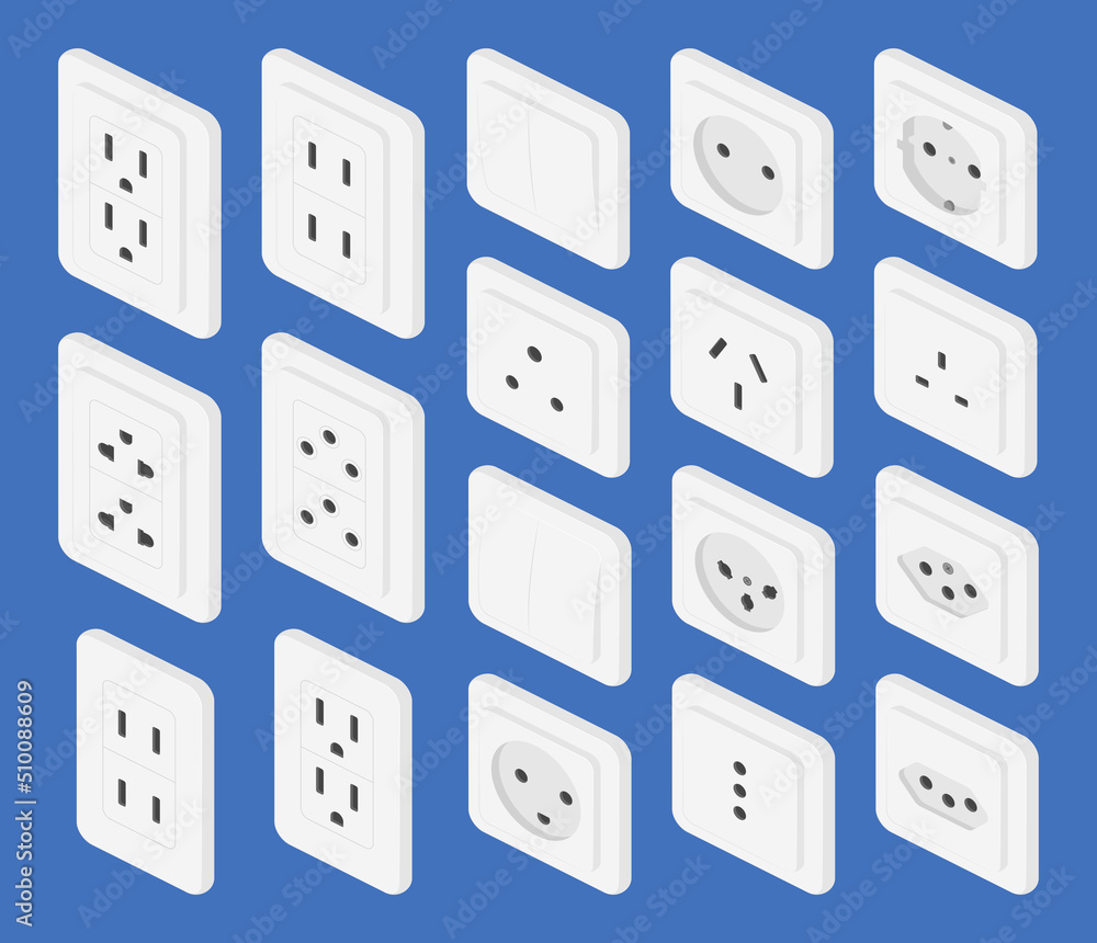 isometric power outlet switcher set vector flat illustration isometric power outlet switcher set vector flat illustration