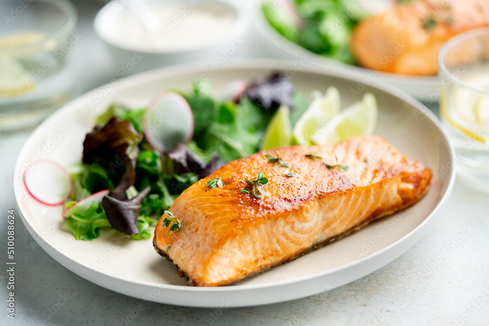 Grilled salmon fillet and fresh vegetable salad. Mediterranean diet. Grilled salmon fillet and fresh vegetable salad. Mediterranean diet.