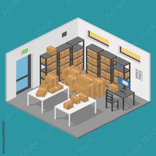 isometric storage room warehouse with parcels and shelves vector flat illustration