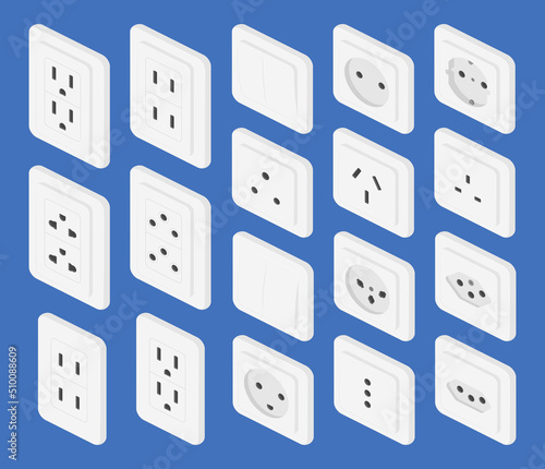 isometric power outlet switcher set vector flat illustration