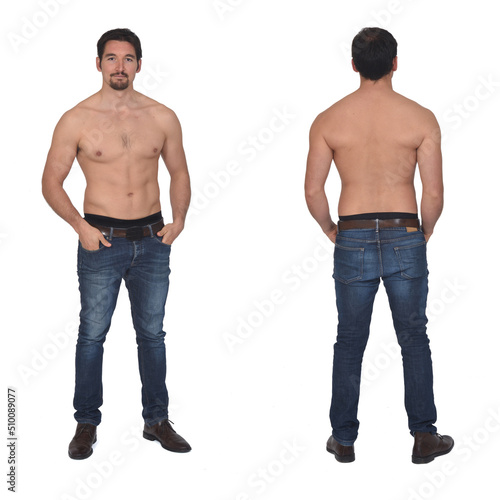 front and back of same shirtless on white backgrouond