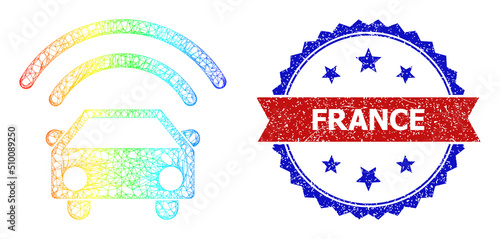 Net mesh self driving car wireframe icon with spectral gradient, and bicolor scratched France stamp. Red stamp seal has France title inside blue rosette. Colorful carcass mesh self driving car icon.