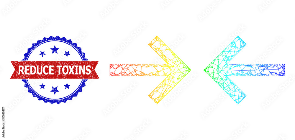 Net mesh shrink arrows carcass icon with rainbow gradient, and bicolor scratched Reduce Toxins seal. Red stamp contains Reduce Toxins title inside blue rosette.