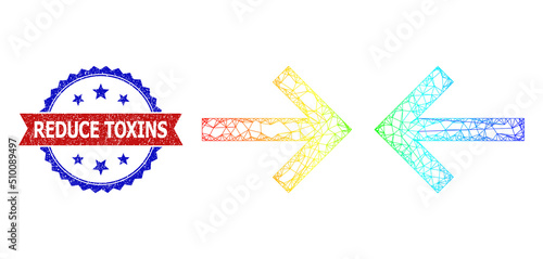 Net mesh shrink arrows carcass icon with rainbow gradient, and bicolor scratched Reduce Toxins seal. Red stamp contains Reduce Toxins title inside blue rosette.