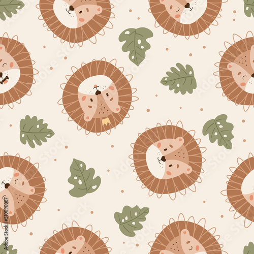 Seamless pattern with faces of lions on white background. Jungle animals. Hand drawn palm leaves. Cartoon doodle characters. Perfect for textile, fabrics prints and wrapping paper. Vector illustration photo