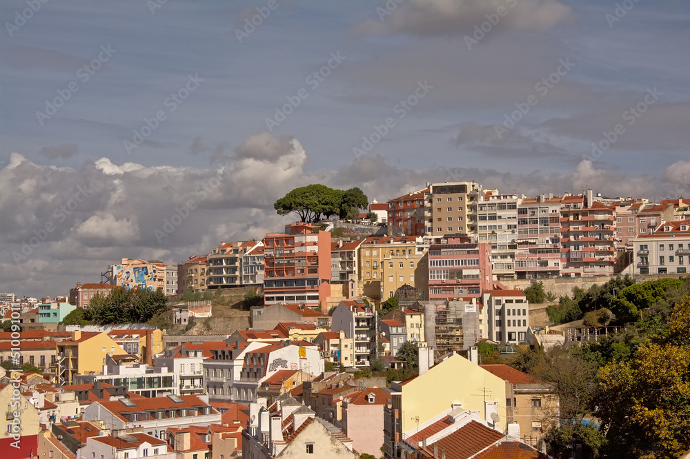 Hill with apartent buildings and viewpoint with big trees in Lisbon, Portugal