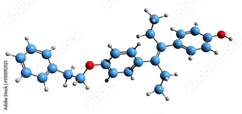 3D image of Diethylstilbestrol monobenzyl ether skeletal formula - molecular chemical structure of Nonsteroidal estrogen isolated on white background
 photo