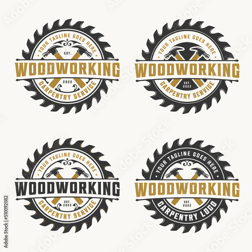 Logo carpentry set bundle, woodwork logo design template with hammer, sawmill vector vintage, saw blade circle isolated