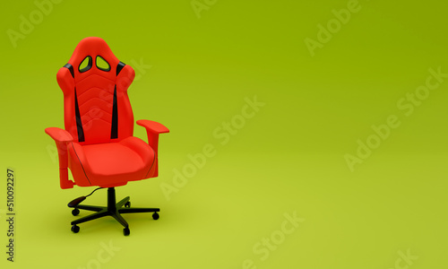 3d illustration, red desk chair, green background, copy space, 3d rendering