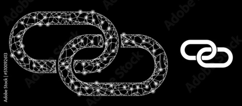 Net chain element carcass icon with light spots. Illuminated vector constellation is created from chain element icon. Vector carcass mesh chain element icon.