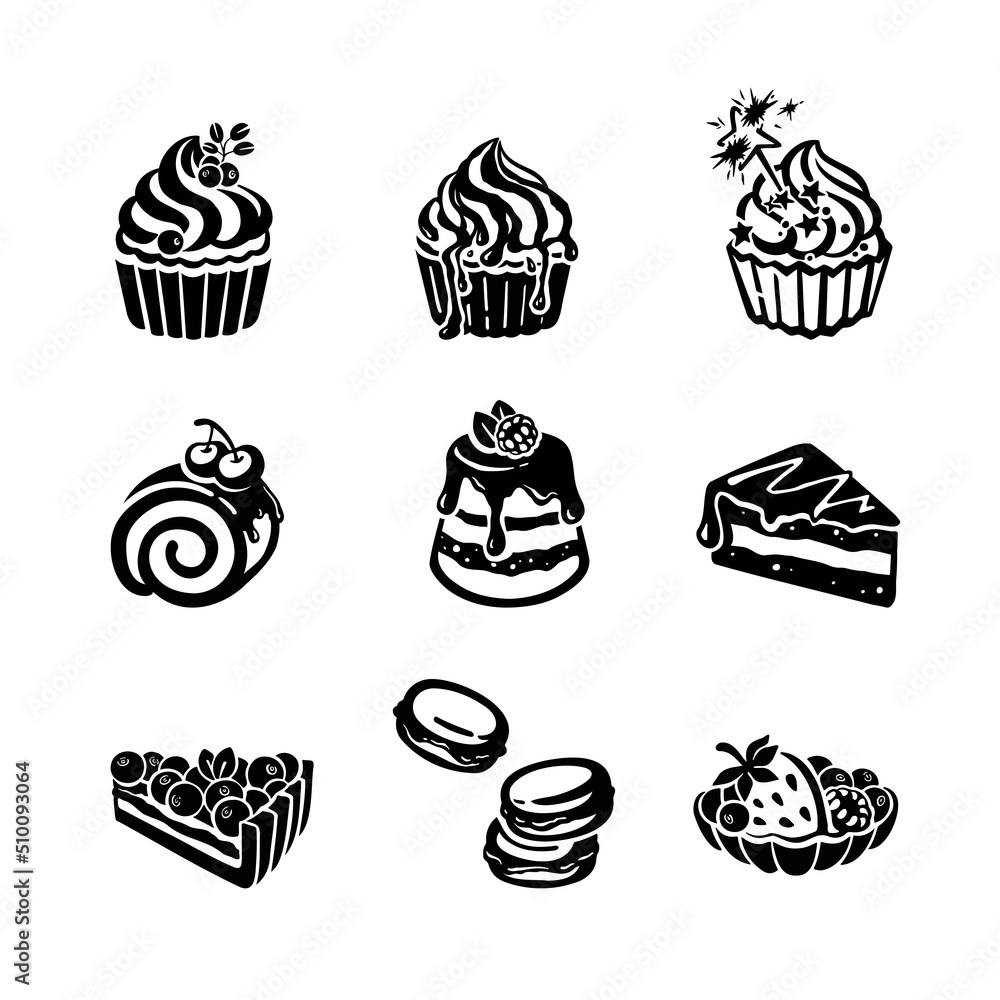 set of sweets cake dessert, hand-drawn. Vector illustration