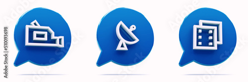 3d render icons. Symbol: cam moview, antenna, document. 3D illustration. Blue icon isolated on white background. photo