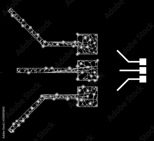 Mesh net circuit connections framework icon with light spots. Illuminated vector model is created from circuit connections glyph. Vector carcass net circuit connections icon.