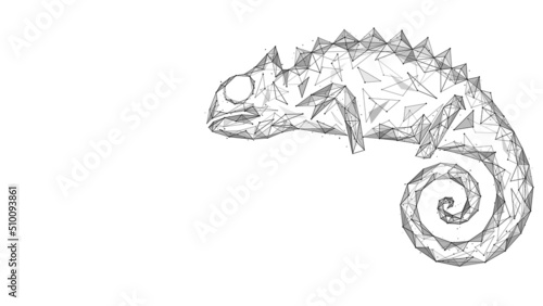 Chameleon. Low-poly design of lines and dots. White background.