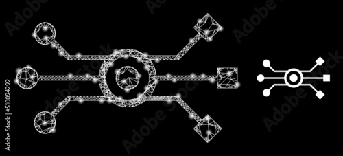 Crossing mesh circuit network frame illustration with lightspots. Illuminated vector model is created from circuit network icon. Vector carcass mesh circuit network icon.