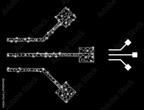 Net circuit nodes frame icon with light spots. Illuminated vector constellation is created from circuit nodes icon. Vector carcass mesh circuit nodes icon.