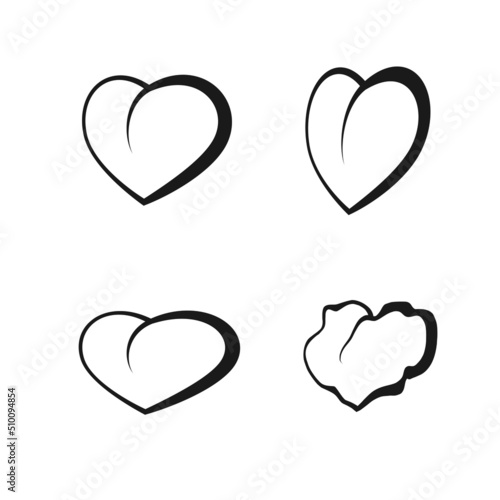 Set of vector icons of hearts of different shapes with black dynamic contours on a white background.