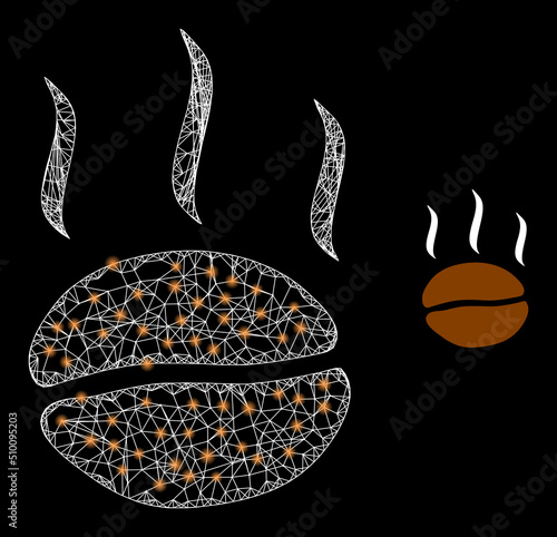 Net mesh coffee aroma framework illustration with lightspots. Illuminated vector constellation is created from coffee aroma pictogram. Vector carcass mesh coffee aroma icon.