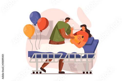 Fototapeta Naklejka Na Ścianę i Meble -  Newborn child in young family web concept in flat design. Happy mom holding infant while dad with balloons stands in maternity ward. Father and mother with kid. Illustration with people scene