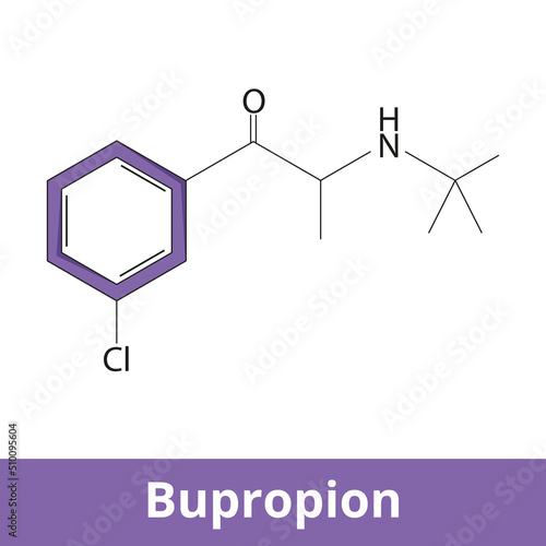 Chemical structure of bupropion. It is an atypical antidepressant primarily used to treat major depressive disorder and to support smoking cessation