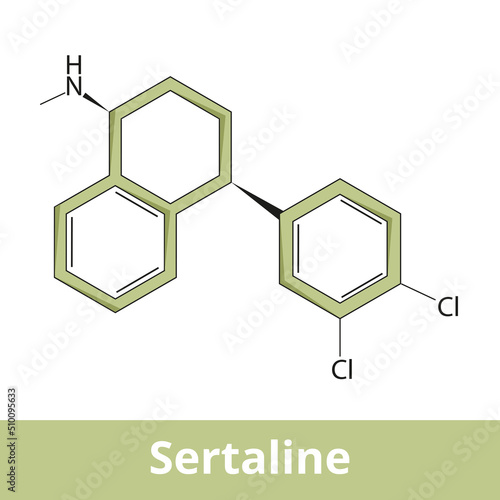 Chemical structure of sertaline.	It is an antidepressant of the selective serotonin reuptake inhibitor (SSRI) class