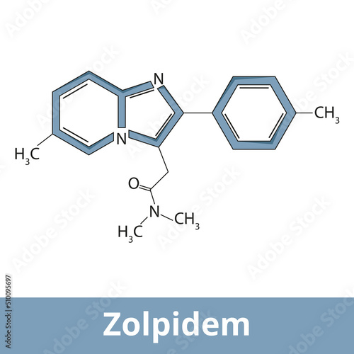 Chemical structure of zolpidem.	It is a medication primarily used for the short-term treatment of sleeping problems.