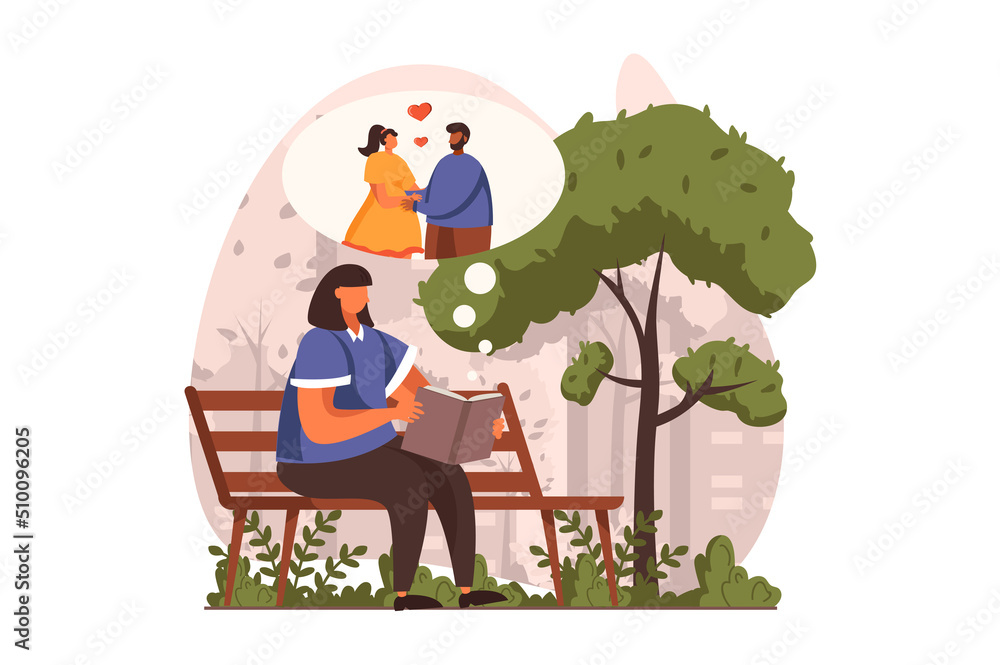People reading book web concept in flat design. Woman reads romantic story while sitting on park bench. Literature lover spends time with book outdoors. Illustration with people scene People reading book web concept in flat design. Woman reads romantic story while sitting on park bench. Literature lover spends time with book outdoors. Illustration with people scene