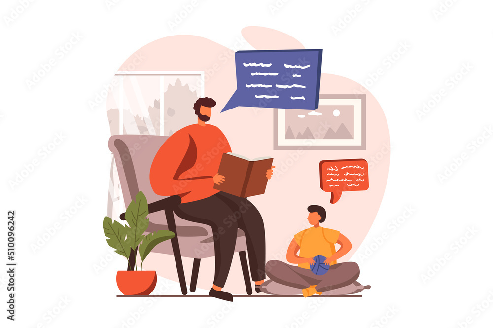 People reading book web concept in flat design. Dad reads fairy tales to his little son sitting in armchair at home. Happy family spend time with books. Illustration with people scene