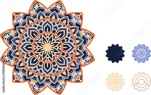 Design -mandala consists of 4 layers. Great for laser cutting machines. Cut each layer and glue together with glue. . You can change the color and size of the design.
