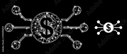 Net mesh digital dollar frame icon with lightspots. Illuminated vector constellation is created from digital dollar pictogram. Vector carcass mesh digital dollar icon.