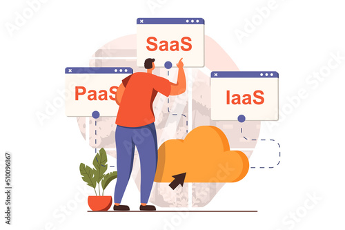 SaaS web concept in flat design. Man chooses package of programs and services to buy subscription on site. user works with cloud storage and computing. Illustration with people scene