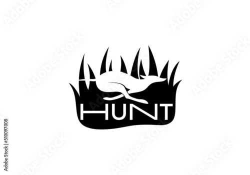 Vector Logo with a Hunting Dog Running in the Bushes. Negative Space Style Logo. Illustration of a Silhouette of a Dog Chasing Prey